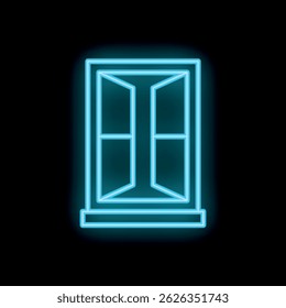 Blue neon window glowing on a black background, ideal for concepts such as interior design, home improvement, and architecture