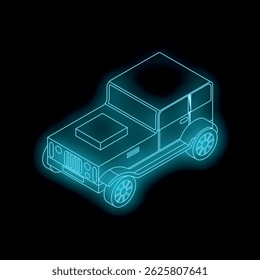 Blue neon wireframe of a generic off road vehicle, glowing on a black background