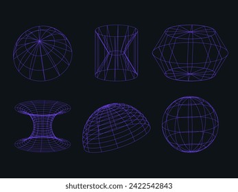 Blue neon wireframe shapes set. Abstract futuristic objects with connected lines.

