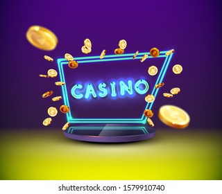 The blue neon word Casino on background of an explosion of coins and neon frame on round podium. Vector illustration.