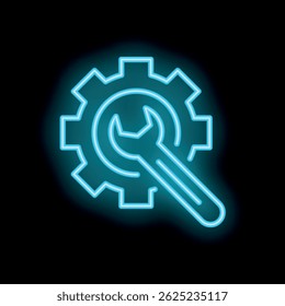 Blue neon wrench is overlaying a cogwheel, evoking maintenance