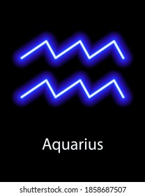 Blue neon zodiac sign Aquarius with caption. Predictions, astrology, horoscope.