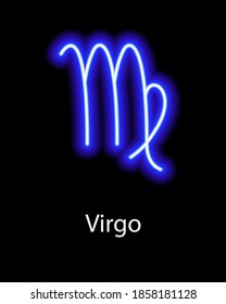 Blue neon zodiac sign Virgo with caption. Predictions, astrology, horoscope.