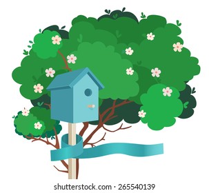 A blue nesting box with a small bird in it tied to a green blossoming tree with a blue ribbon on a white background