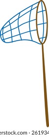 A blue net with a brown handle is shown in a clean line drawing.  The insect catching tool is depicted with a straightforward style. Cartoon vector illustration