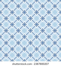 Blue net seamless pattern with flowers. Background with diagonal grid in the style of classic porcelain painting. Vector illustration.