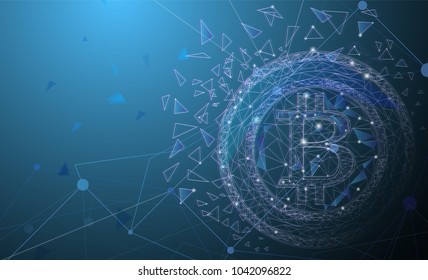 Blue network connection bitcoin cryptocurrency. Shiny triangles and hexagons. Abstract space with stars design. Techno modern bitcoin logo style. Vector illustration. EPS 10.