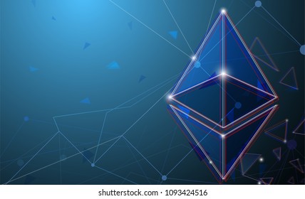 Blue network connection bitcoin cryptocurrency. Shiny triangles and hexagons. Abstract space with stars design. Techno modern bitcoin logo style. Vector illustration. EPS 10.