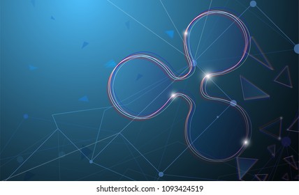 Blue network connection bitcoin cryptocurrency. Shiny triangles and hexagons. Abstract space with stars design. Techno modern bitcoin logo style. Vector illustration. EPS 10.