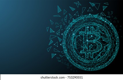 Blue network connection bitcoin cryptocurrency. Shiny triangles and hexagons. Abstract space with stars design. Techno modern bitcoin logo style. Vector illustration. EPS 10.