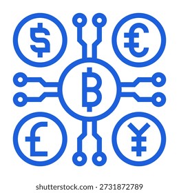 Un diagrama de red azul con Bitcoin en el núcleo, vinculado por líneas de circuito a símbolos de dólar, euro, libra y yen, que simboliza la integración de la criptomoneda con las monedas fiduciarias tradicionales, la conectividad financiera global, el puente cripto-fiduciario o el papel de Bitcoin en el sistema monetario internacional