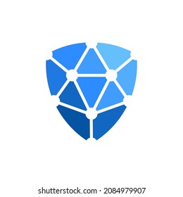 Blue Network Shield with Blockchain Connected Circle Logo Design Vector