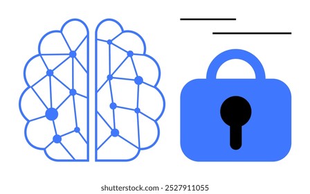 Blue neural network brain graphic adjacent to a blue lock icon. Ideal for cybersecurity, machine learning, AI protection, data security, and cognitive technology themes. Simplistic design, clean