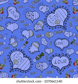 Blue, neutral and black Vector illustration. Seamless Love fabric pattern for background.