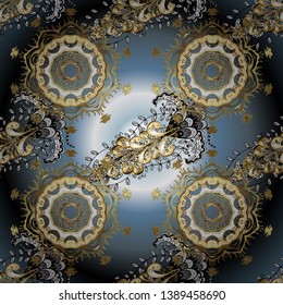 Blue and neutral and golden pattern. Elegant vector classic pattern. Seamless abstract background with repeating elements.