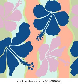 Blue and neutral hibiscus flowers seamless pattern. Vector illustration.