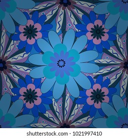 Blue, neutral and violet background with flowers pattern. Vector floral seamless pattern.