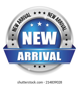 Blue new arrival badge with silver border and ribbon