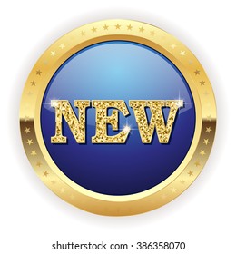 Blue new button with gold border on white background