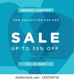 Blue new collection for man. Spring Summer 35% Big sale special poster offer. Sale banner template design. Special offer design for web banner, poster, flyer, brochure, sticker. Vector illustration.