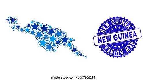 Blue New Guinea Island map composition of stars, and textured rounded stamp seal. Abstract geographic plan in blue color tones. Vector New Guinea Island map is organized of blue stars.