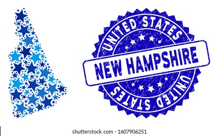 Blue New Hampshire State map collage of stars, and textured round stamp seal. Abstract geographic plan in blue color tones. Vector New Hampshire State map is organized of blue stars.