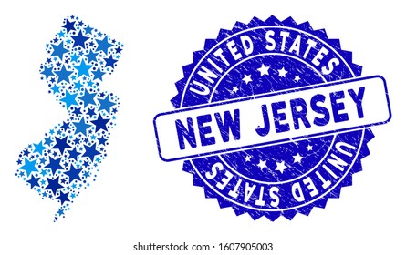 Blue New Jersey State map mosaic of stars, and scratched rounded seal. Abstract territorial scheme in blue color tones. Vector New Jersey State map is shaped of blue stars.