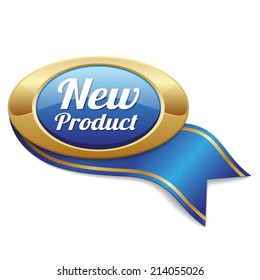 Blue new product button with gold border on white background