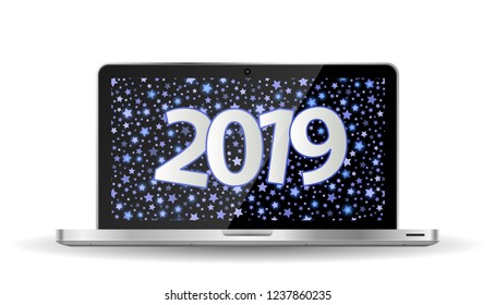Blue New Year 2019 greeting card concept on opened notebook. Vector illustration
