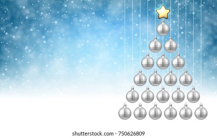 Fondo azul de Año Nuevo con bolas de Navidad plateadas. Ilustración vectorial.