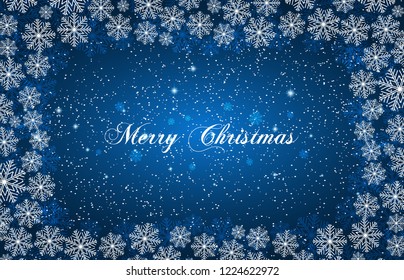 Blue New Year background with white snowflakes and inscription Merry Christmas. Snowfall. For Christmas design.