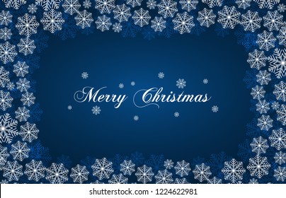 Blue New Year background with white snowflakes and inscription Merry Christmas. Snowfall. For Christmas design.
