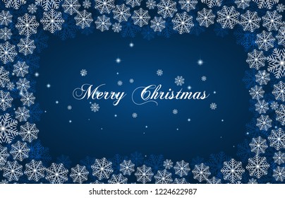 Blue New Year background with white snowflakes and inscription Merry Christmas. Snowfall. For Christmas design.