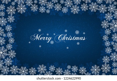 Blue New Year background with white snowflakes and inscription Merry Christmas. Snowfall. For Christmas design.