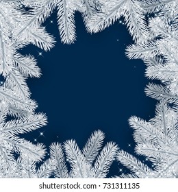 Blue New Year background with white shining spruce branches. Vector illustration.