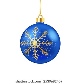 Blue New Year bauble with golden snowflake realistic vector illustration. Beautiful Christmas tree ornament 3d object on white background