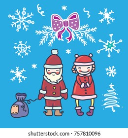 Blue New Year Christmas doodle set with snowflakes, santa claus and Snow maiden