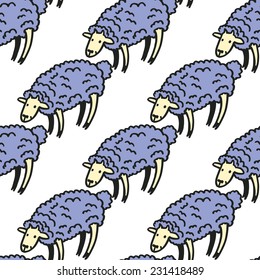 Blue new year funny sheep vector seamless pattern on white background