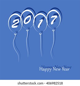 Blue New Year Greetings for 2017 with white flying balloons with numbers inside the twine with a shadow on a blue background