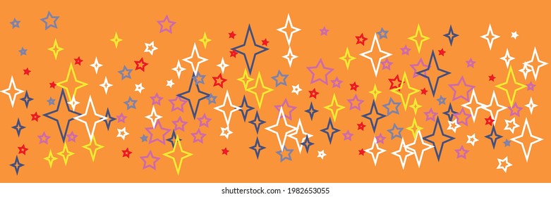 Blue New Year Horizontal Santa Orange Yellow Christmas Illustration. Print Bright Multicolor Red White Stars Sky Wallpaper. Chaotic Vivid Vibrant Violet Colorful Green Holiday Stars Pattern.