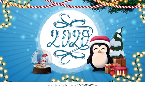 Blue New Year postcard with beautiful number 2020, garlands, white big circle for lettering, snow globe with snowmen inside and penguin in Santa Claus hat with presents