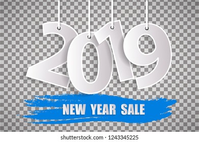 Blue New Year sale 2019 concept isolated on transparent background. Vector illustration