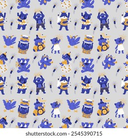 Blue New Year seamless pattern in cute animal character illustration style, Scene is cheerful and festive with bird, bear and more. design texture ideal for printing and paper.