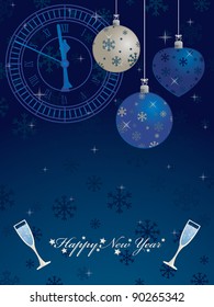 blue new years background with bauble decorations and glasses