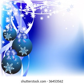 blue new year's balls with small bows on blue background