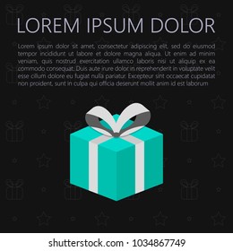 A blue New Year's gift box with a white ribbon on a black background. Greeting card for holidays. Vector illustration.