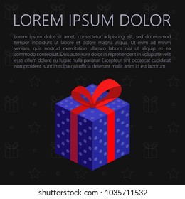 A blue New Year's gift box with a red ribbon on a black background. Greeting card for holidays. Vector illustration.