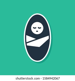 Blue Newborn baby infant swaddled or swaddling icon isolated on green background. Baby kid child wrapped in blanket clothes.  Vector Illustration
