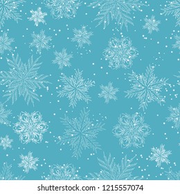 Blue new-year seamless pattern of snowflakes. Christmas and New Year background. Vector illustration.