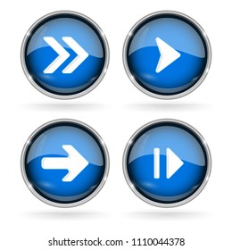 Blue Next buttons with chrome frame. Round glass shiny 3d icons with arrows. Vector illustration isolated on white background